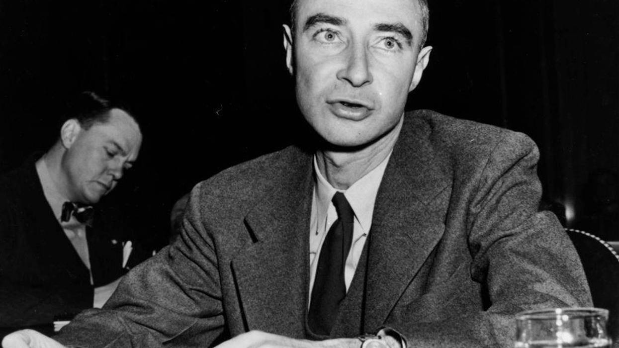 US nuclear physicist Julius Robert Oppenheimer (1904 - 1967), director of the Los Alamos atomic laboratory, testifying before the Special Senate Committee on Atomic Energy.
