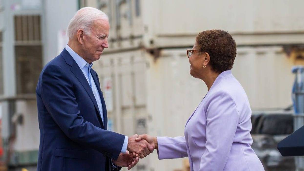 US President Joe Biden and the US Representative Karen Bass at the Metro D Line (Purple) Extension Transit Project - Section 3 on October 13, 2022 in Los Angeles, California.