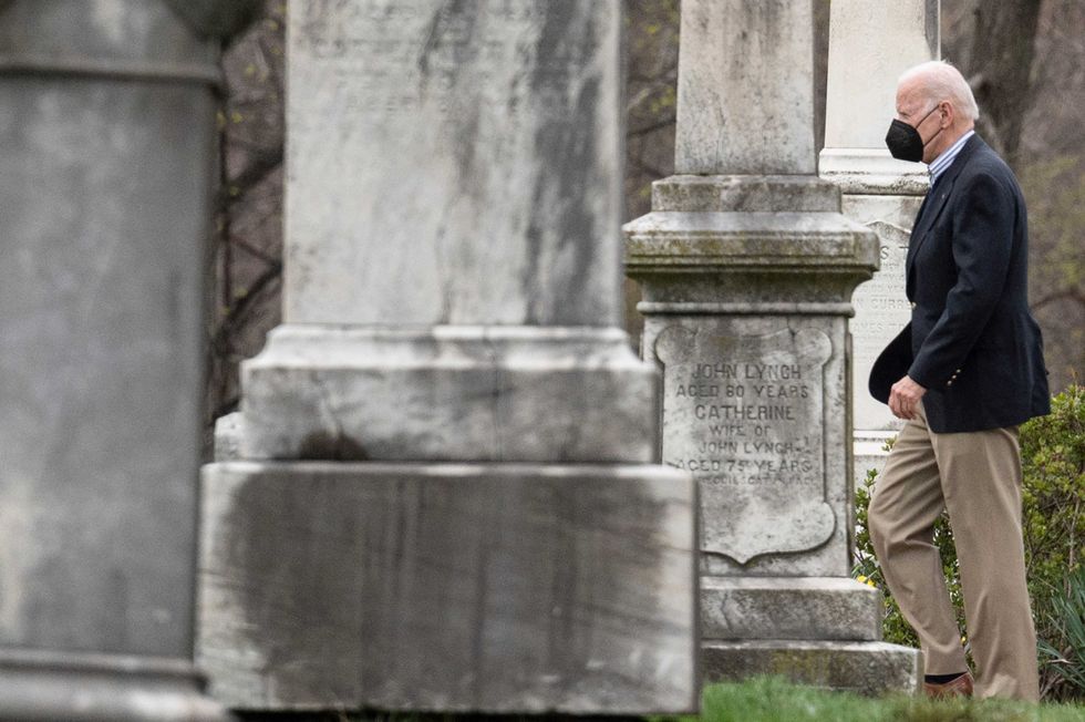 US President Joe Biden arrives at St Joseph on the Brandywine Catholic Church in Wilmington, Delaware, on April 9, 2022.