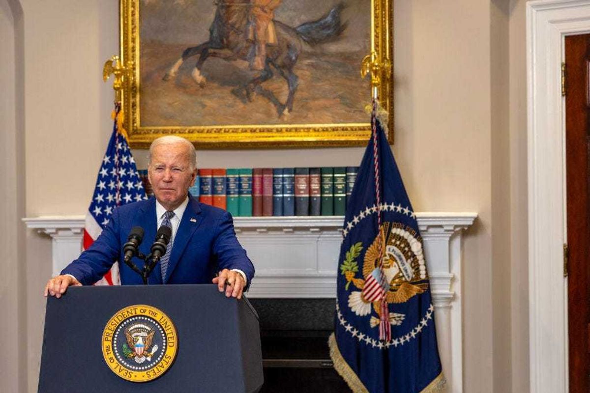 US President Joe Biden delivers remarks on the bipartisan bill to fund the government, in the Roosevelt Room of the White House on October 01, 2023 in Washington, DC.