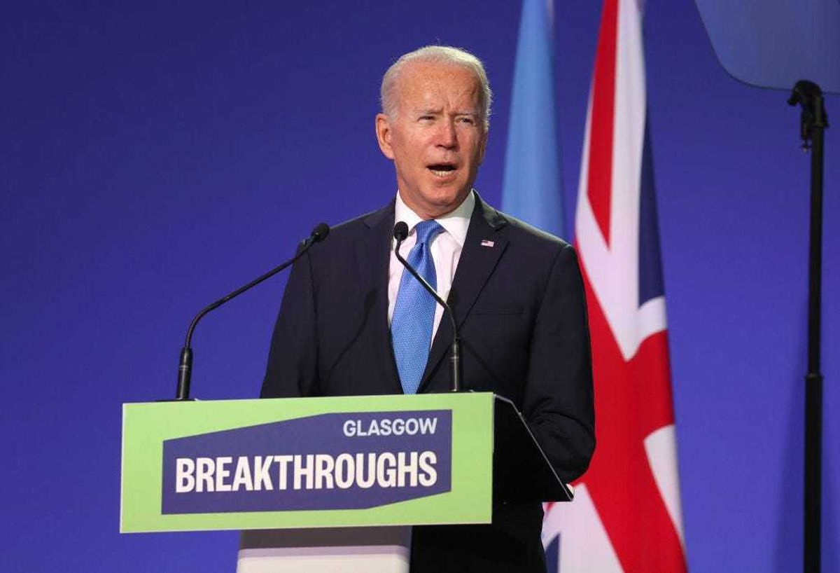 US President Joe Biden speaks during the World Leaders' Summit "Accelerating Clean Technology Innovation and Deployment" session on day three of COP26 on November 02, 2021 in Glasgow, Scotland. COP26 is the 2021 climate summit in Glasgow. It is the 26th "Conference of the Parties" and represents a gathering of all the countries signed on to the U.N. Framework Convention on Climate Change and the Paris Climate Agreement. The aim of this year's conference is to commit countries to net zero carbon emissions by 2050. (Photo by Chris Jackson/Getty Images)