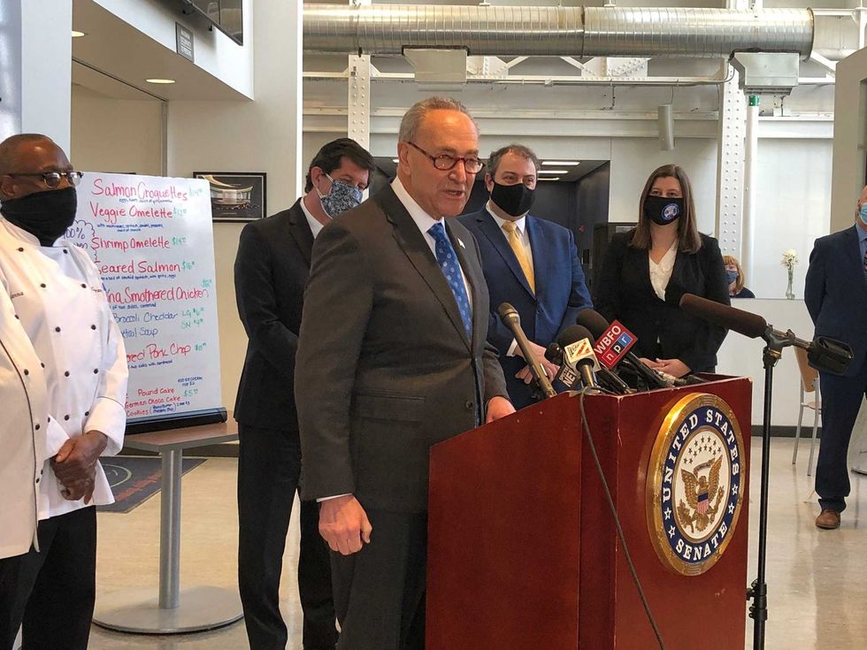 US Senate Majority Leader Chuck Schumer speaks at Northland Workforce Training Center. March 9, 2021