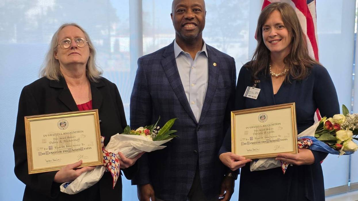US Senator Tim Scott (R-SC) recognizes service of staff members Deb Blickenstaff and Danielle Gibbs October 31, 2025 in Greenville, SC.