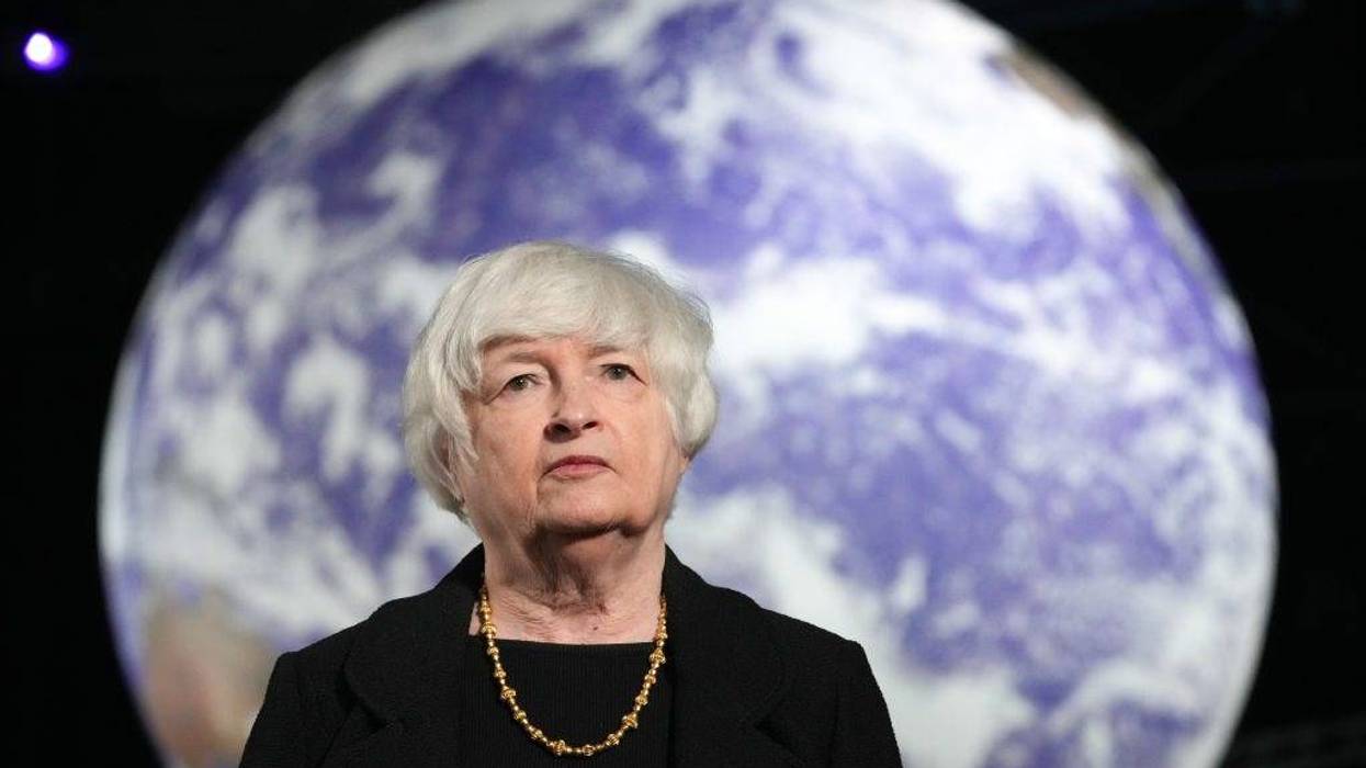 US Treasury Secretary Janet Yellen takes part in a CNN television interview in the Action Zone at COP26 on November 03, 2021 in Glasgow, Scotland.