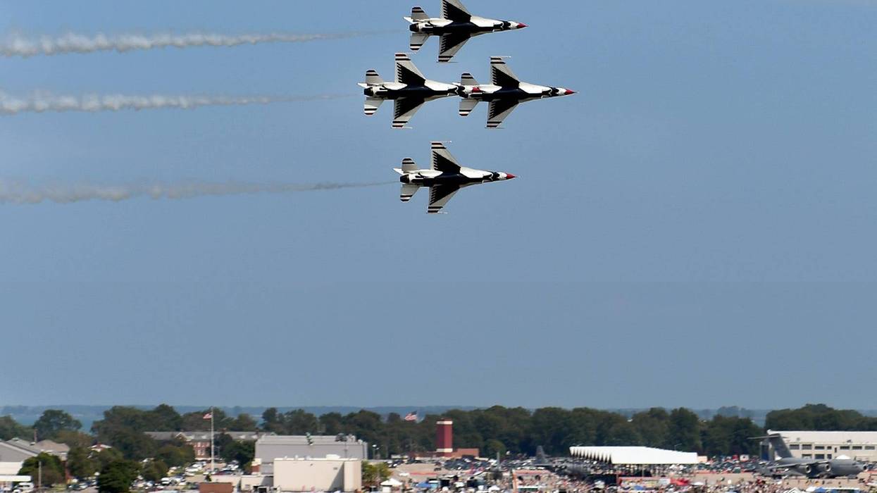 USAF Thunderbirds Perform Over Selfridge ANGB U.S. Air Force Thunderbirds F-16s from the 57th Wing, Nellis Air Force Base, Nevada, perform at the Selfridge Centennial Open House and Air Show on Aug. 19th, 2017. The Thunderbirds are the U.S. Air Force’s elite demonstration flying squadron, and performed at the Selfridge Air Show on August 19th and 20th, 2017 in celebration of the base’s 100 years of continuous flying operations.