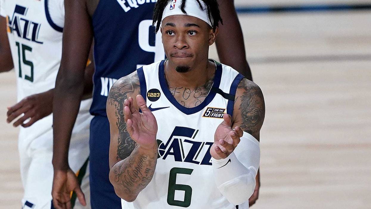 Utah Jazz's Rayjon Tucker (6) likes the call during the second half of the NBA basketball game at AdventHealth Arena.
