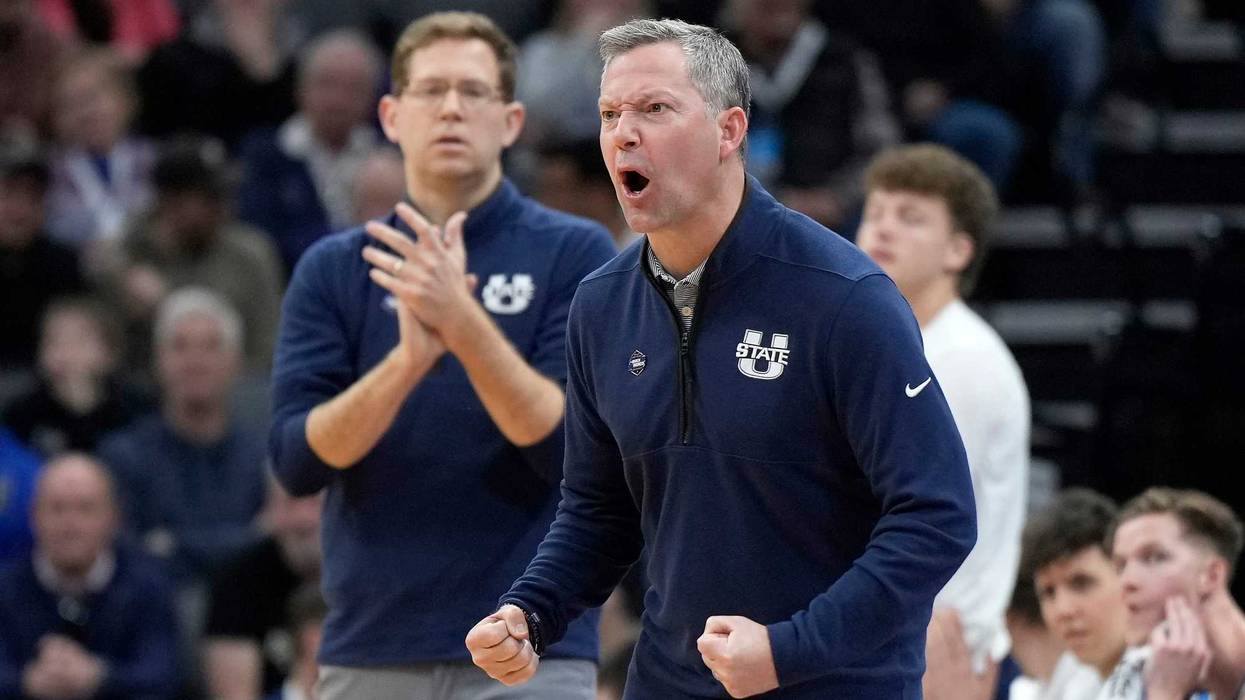 Utah State head coach Ryan Odom reacts during a game in the 2023 NCAA men's basketball tournament.