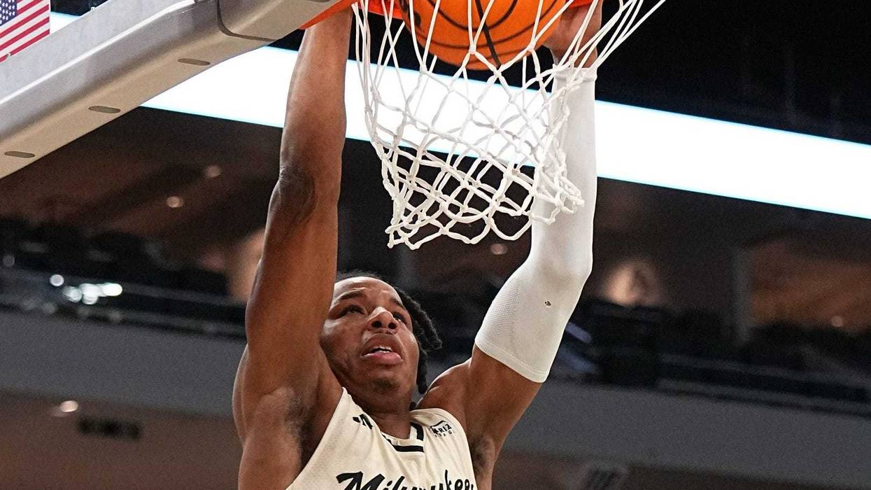 UW-Milwaukee forward Jamichael Stillwell (3) dunks during the game against Akron in the MKE Tip-Off, Sunday, Dec. 15, 2024, at Fiserv Forum in Milwaukee, Wisconsin.