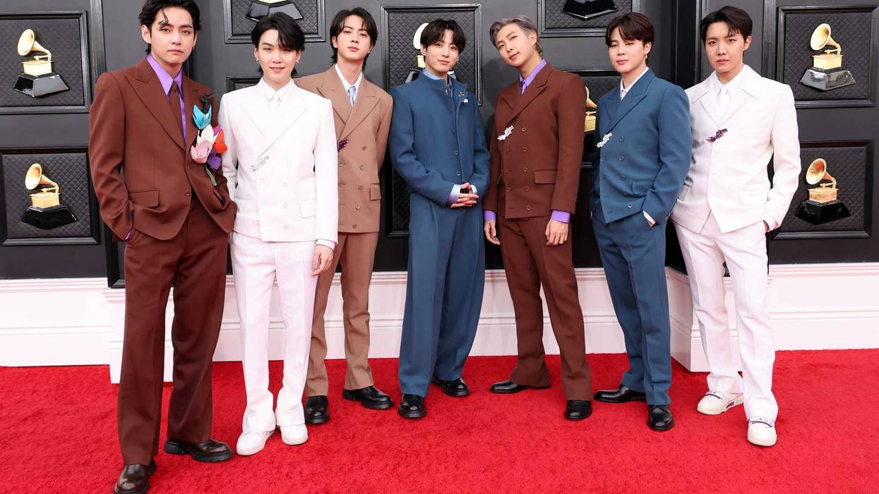 V, Suga, Jin, Jungkook, RM, Jimin and J-Hope of BTS attends the 64th Annual GRAMMY Awards at MGM Grand Garden Arena on April 03, 2022 in Las Vegas, Nevada