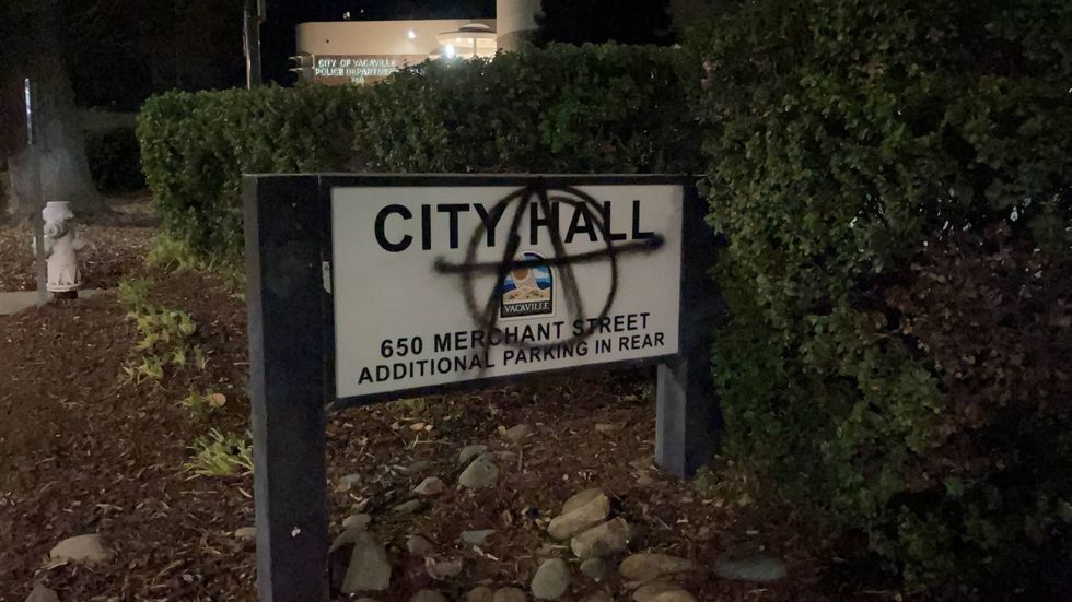 Vacaville City Hall vandalized during protest, January 17, 2021.