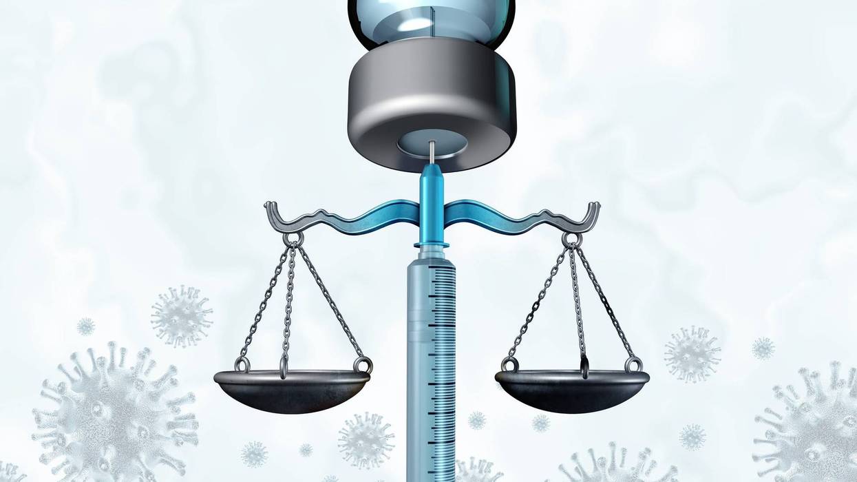Vaccination mandate policy and Vaccine mandates law and regulations concept as a syringe or needle representing medical law and government legislation for mandating preventative infection medicine with 3D render elements.