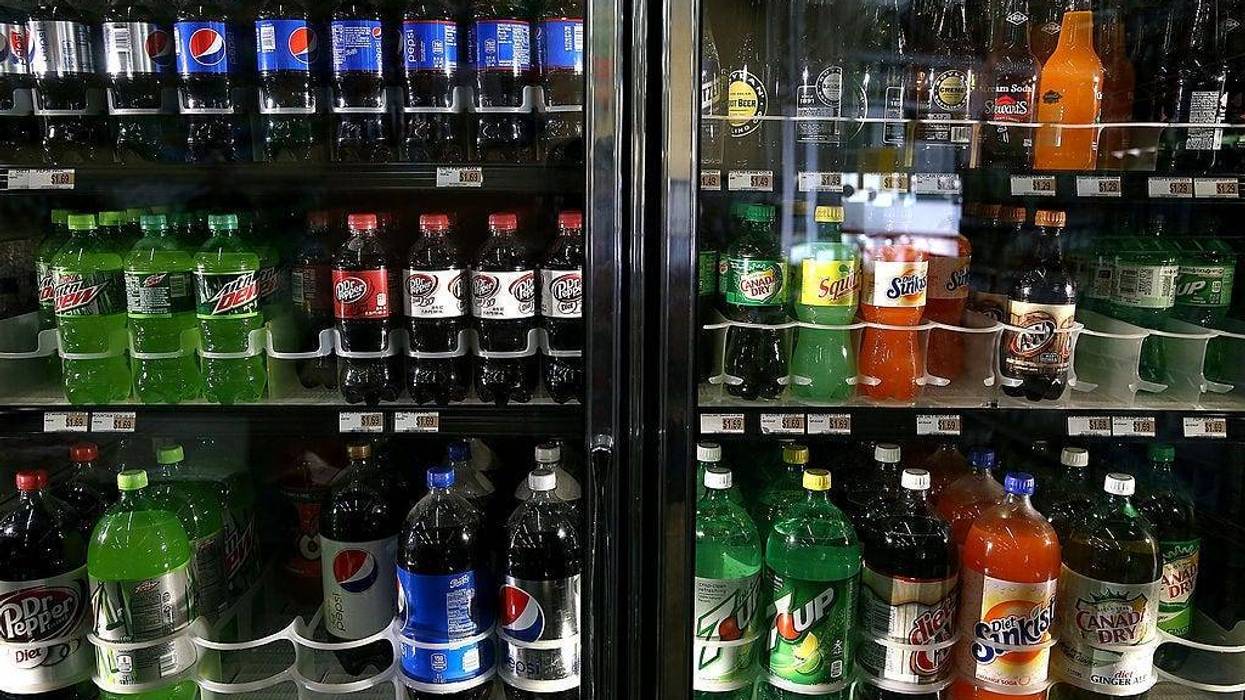 Various bottles of soda are displayed in a cooler.