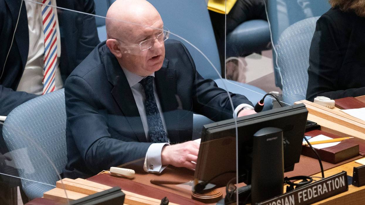 Vasily Nebenzya, Russian ambassador to the United Nations, speaks during a meeting of the security council, Monday, Feb. 28, 2022, at United Nations headquarters.