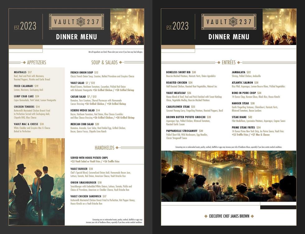 Vault @ 237 - Dinner Menu