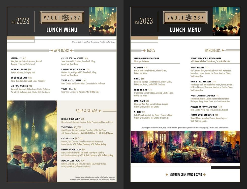 Vault @ 237 - Lunch Menu