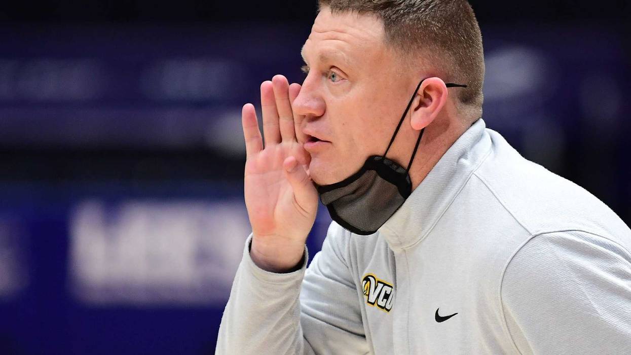 VCU men's basketball coach Mike Rhoades during an Atlantic 10 Tournament game against St. Bonaventure on March 14, 2021.