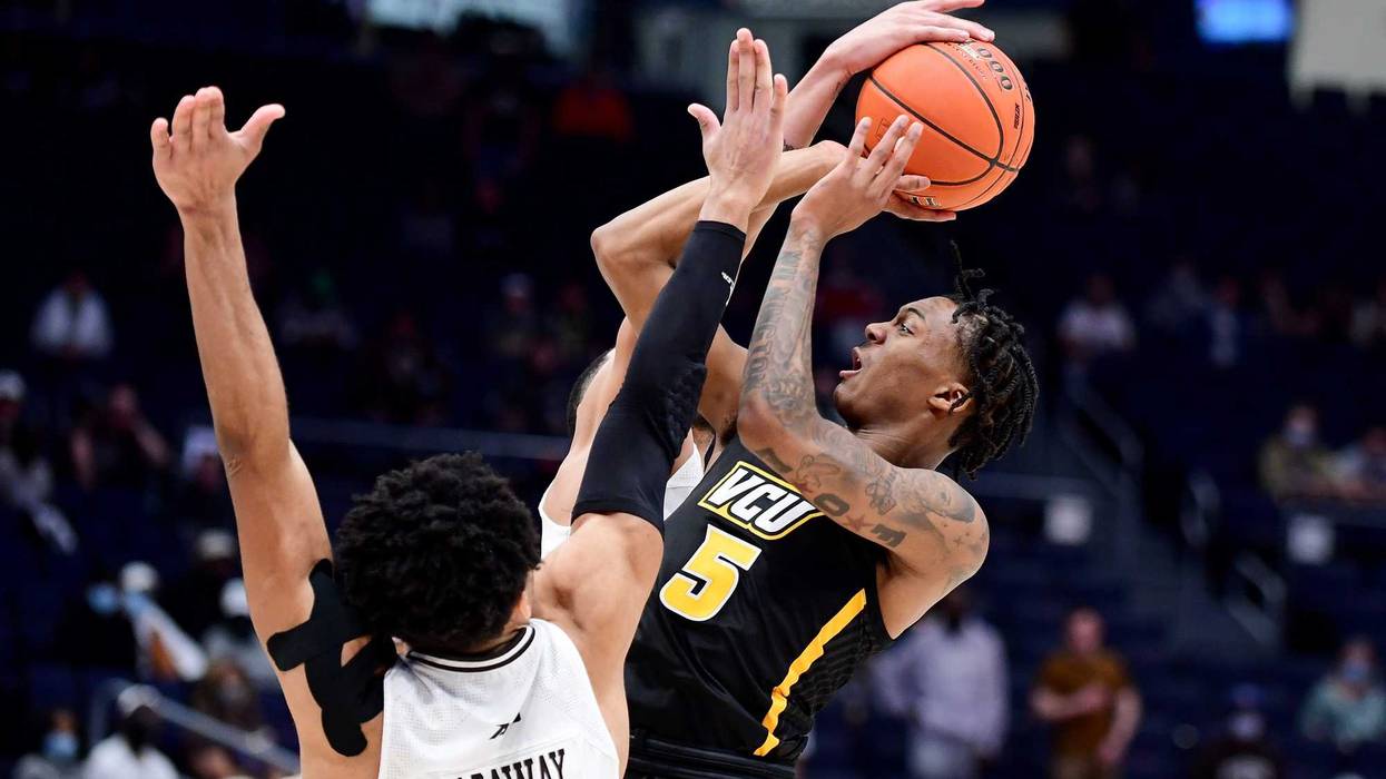 VCU's Bones Hyland puts up a shot during the 2021 Atlantic 10 Men's Basketball Tournament championship game.