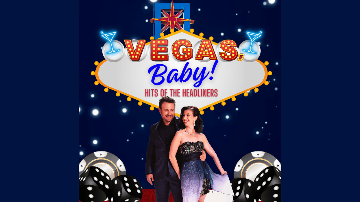 "Vegas, Baby! Hits of the Headliners" show poster with two smiling performers & casino elements.