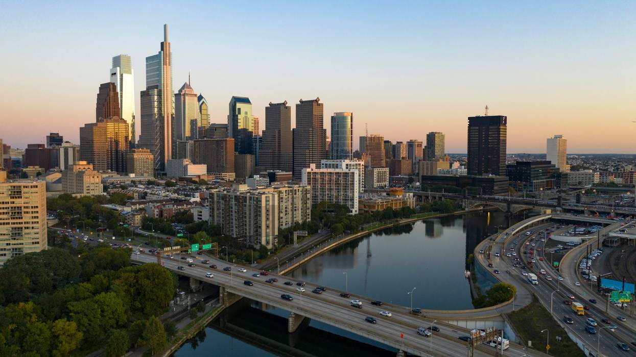 Vehicle traffic moves on bridges over the Schuylkill River into and out of Philadelphia.