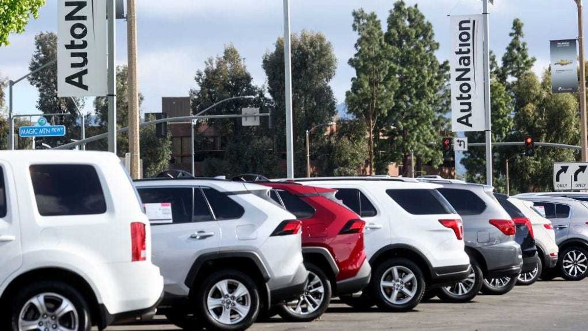 Vehicles are displayed for sale at an AutoNation car dealership on April 21, 2022 in Valencia, California.