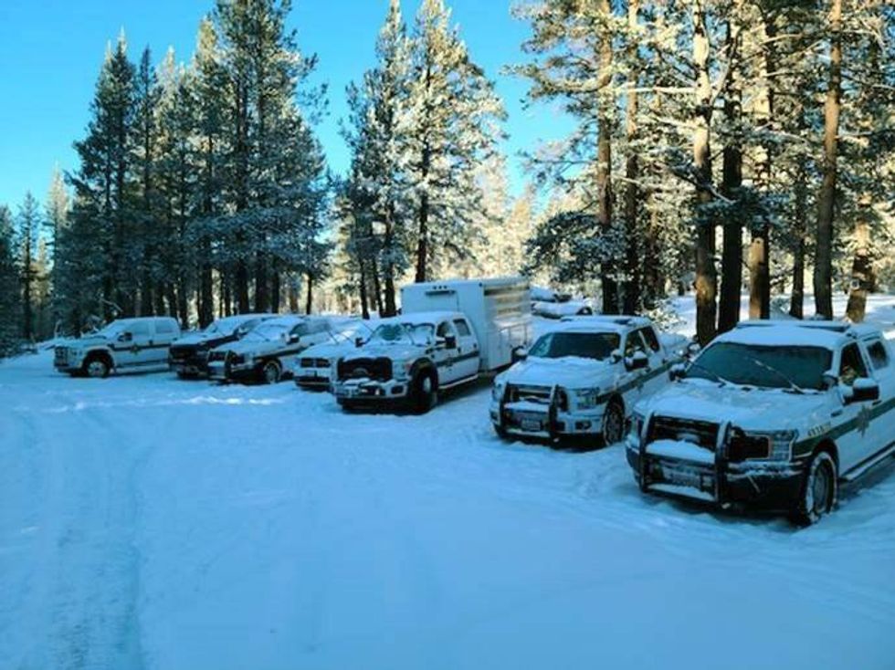 Vehicles at the search and rescue command post.