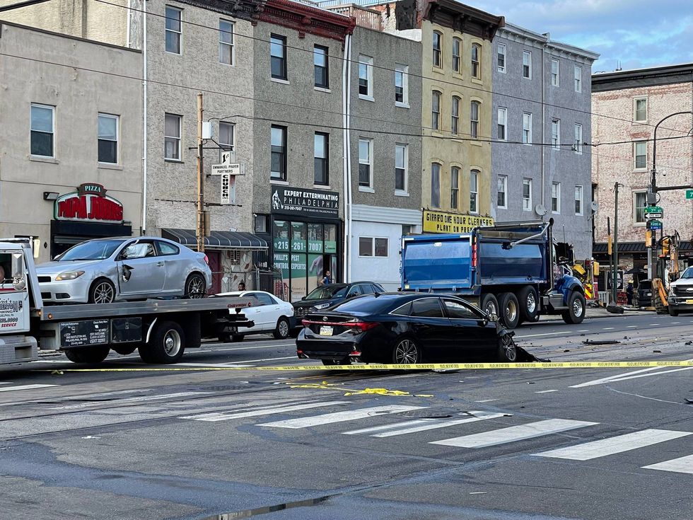 Vehicles involved in a crash where a Philadelphia Fire Truck plowed into the first floor of a four-story building.