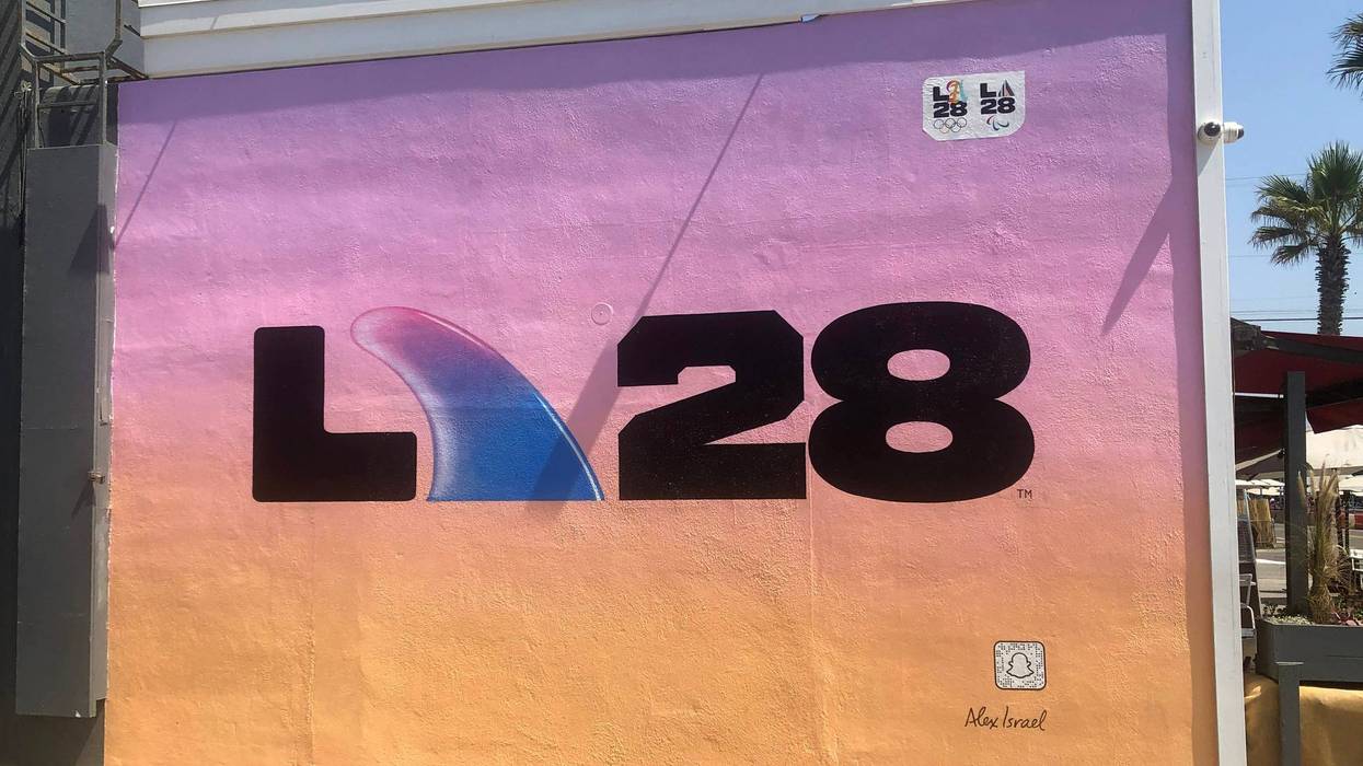 VENICE, CALIFORNIA - SEPTEMBER 02: A mural in Venice Beach with an LA28 logo designed by Multimedia artist Alex Israel on September 2, 2020. His ‘A’ design for LA28 represents a surfboard fin. The LA28 logo is for the Games of the XXXIV Olympiad hosted by Los Angeles in 2028. The 2028 Summer Olympics are scheduled to take place from July 21, 2028 to August 6, 2028.
