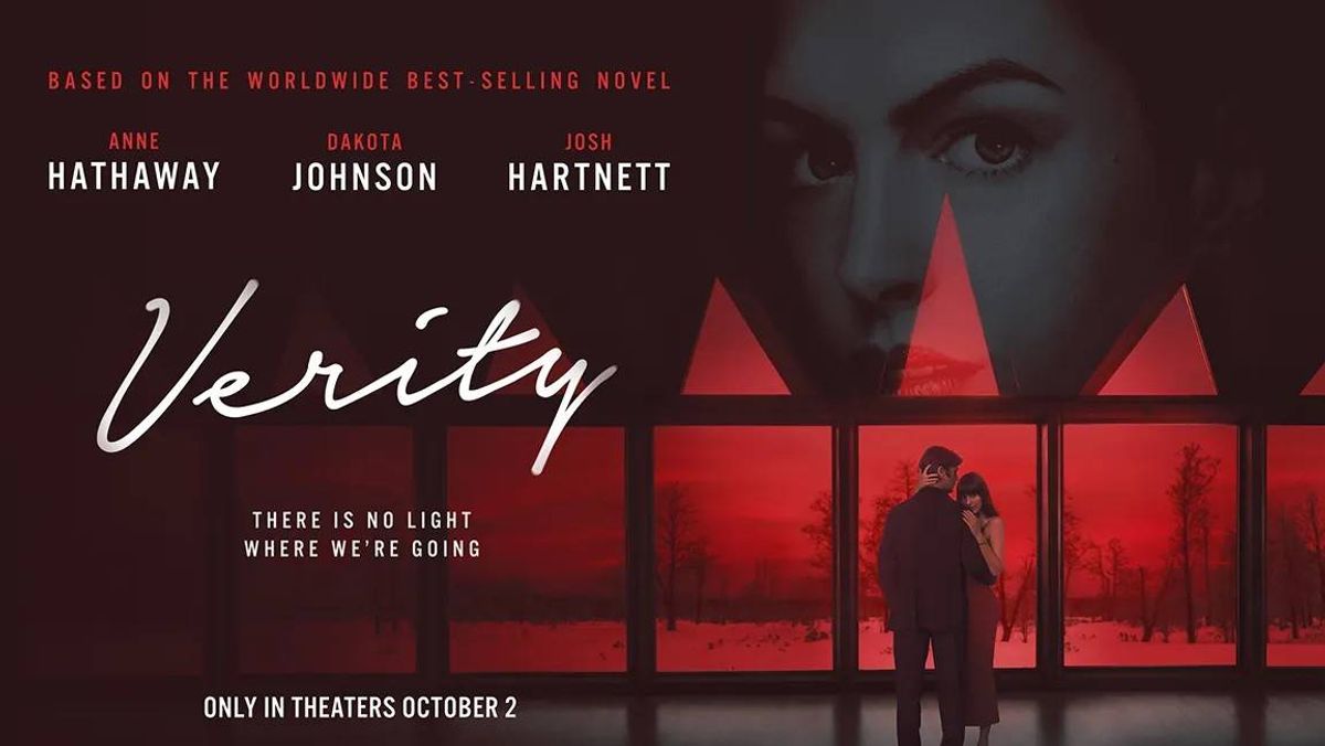Verity poster: Dark woman's face, red-tinted windows showing a couple in a stark, snowy landscape.