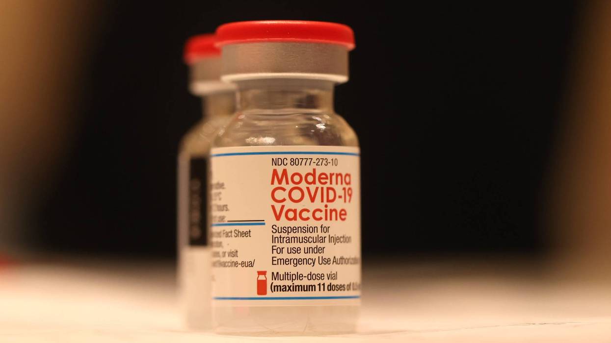 Vials of Moderna COVID-19 vaccine sit on a table at a COVID-19 vaccination clinic on April 06, 2022 in San Rafael, California.