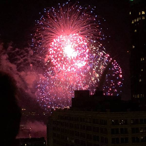 Vibrant red and blue fireworks during 2018's Fair Saint Louis.