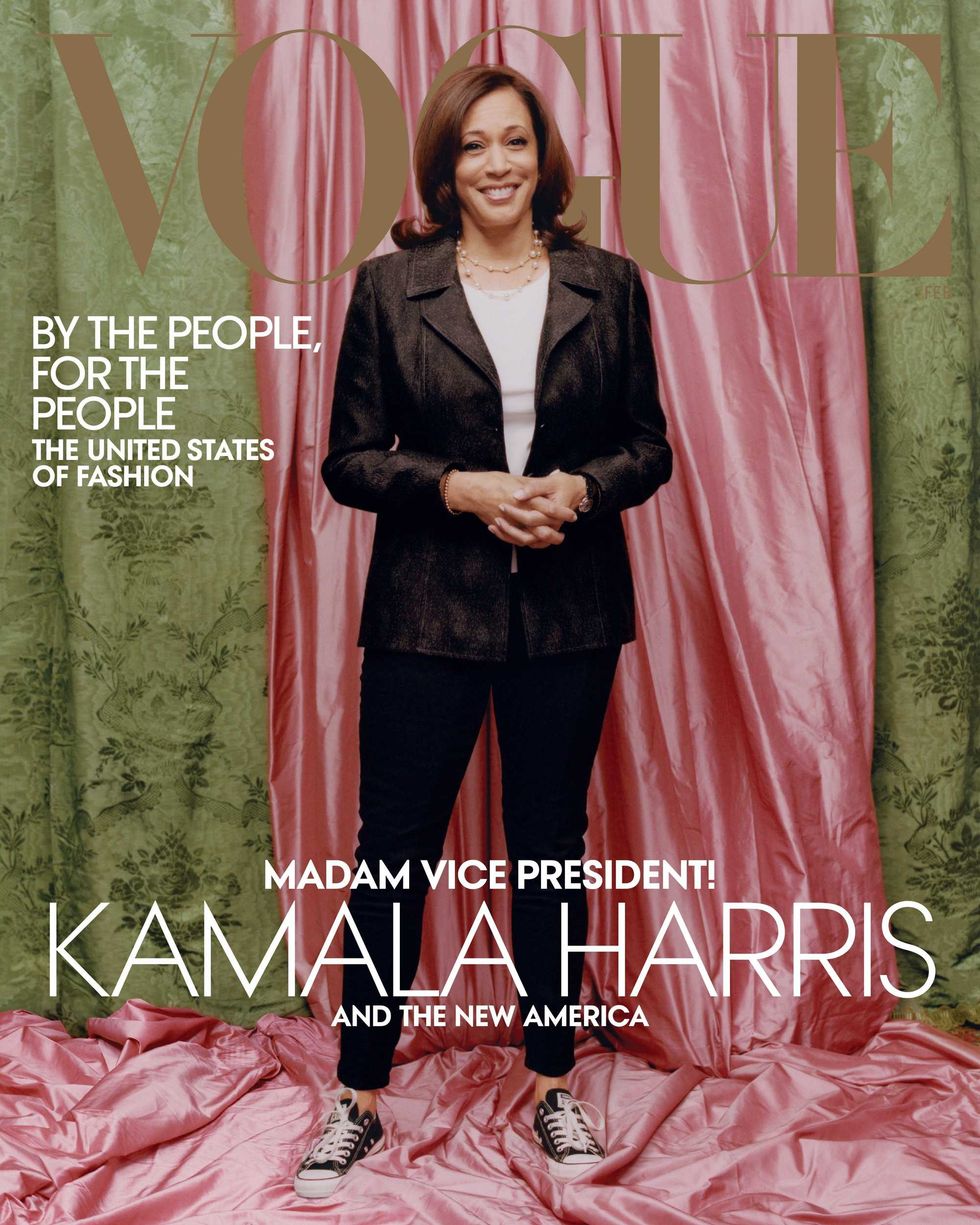 Vice President–elect Kamala Harris wears a Donald Deal jacket and Converse sneakers on the cover of Vogue