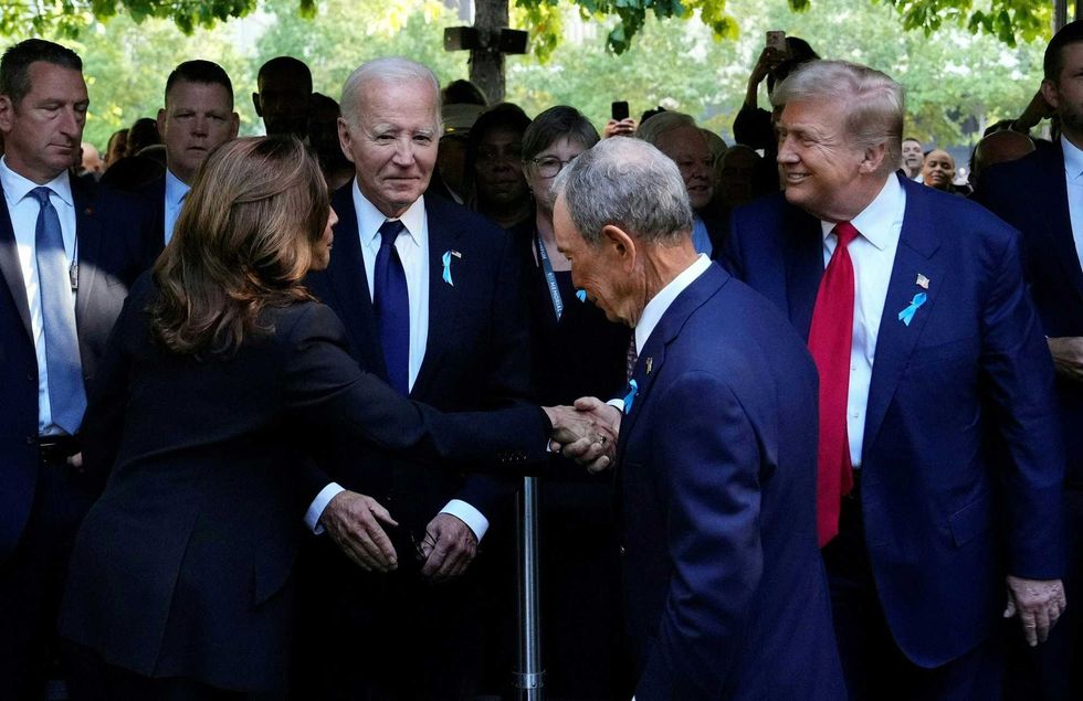 Vice President Kamala Harris and former President Donald Trump shake hands at the 9/11 Memorial hours after their presidential debate on Sept. 11, 2024