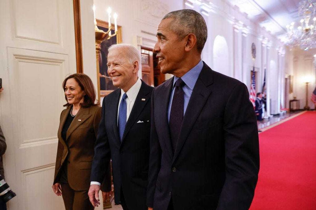 Vice President Kamala Harris, former President Barack Obama, and U.S. President Joe Biden arrive for an event to mark the 2010 passage of the Affordable Care Act in the East Room of the White House on April 5, 2022 in Washington, DC. With then-Vice President Joe Biden by his side, Obama signed 'Obamacare' into law on March 23, 2010. (Photo by Chip Somodevilla/Getty Images)
