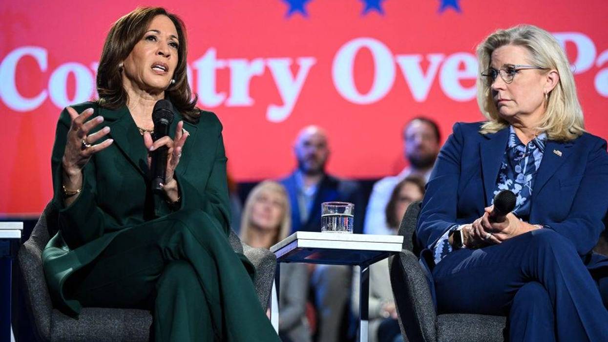 Vice President Kamala Harris speaks during a moderated conversation with former Congresswoman Liz Cheney, Republican of Wyoming, at the Royal Oak Music Theatre in Royal Oak, Michigan, on Oct. 21, 2024.