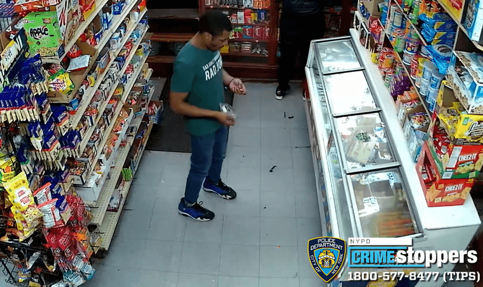 Video from a bodega shows the suspect in a distinctive shirt that reads, "Dad joke? More like… RAD JOKE"