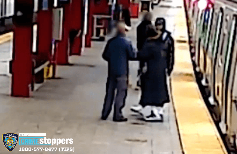 Video from the NYPD shows the suspects and the victim on the platform at the Inwood–207th Street station during the attack