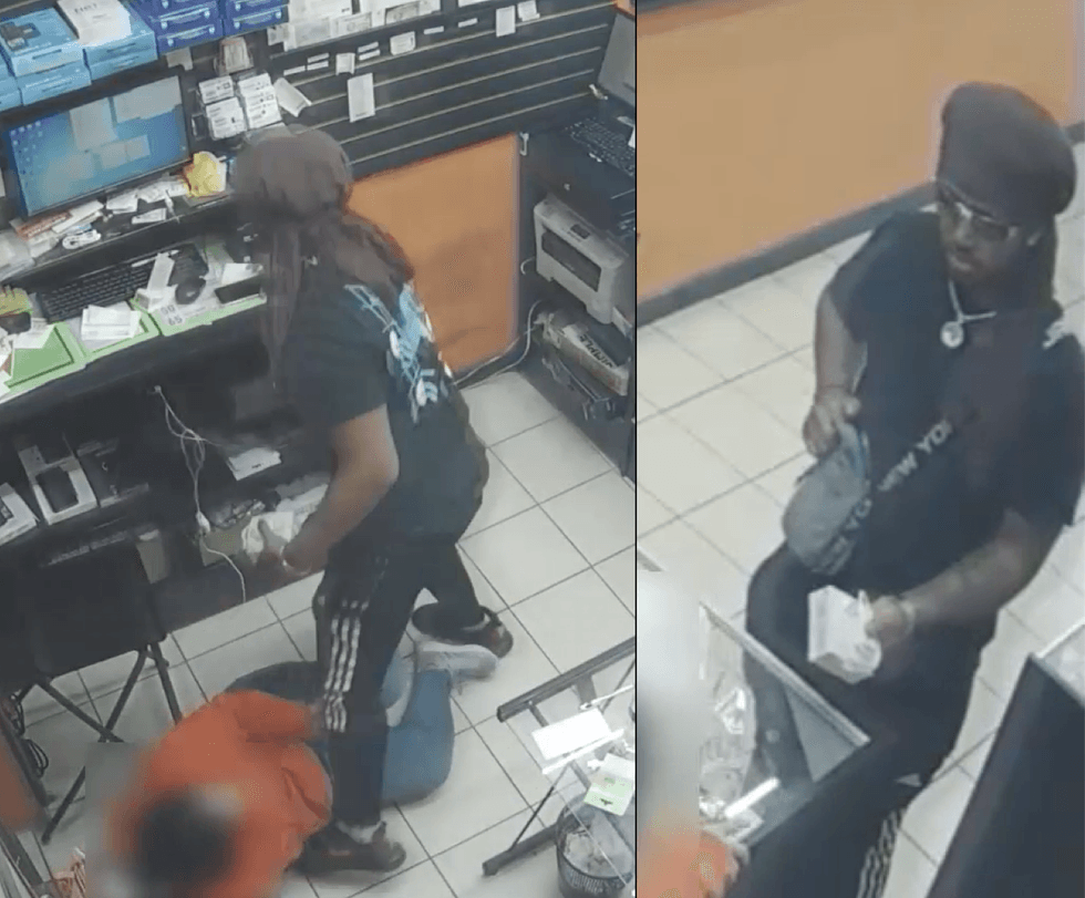 Video shows the man forcing the woman to the ground and stealing a cellphone and headphones from a Brooklyn cellphone shop on Sunday morning, police said