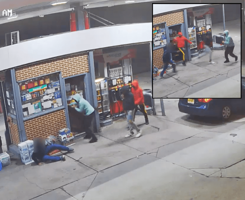 Video shows the robbers knocking the attendant to the ground before he chases them off with a squeegee in South Williamsburg on Thursday morning