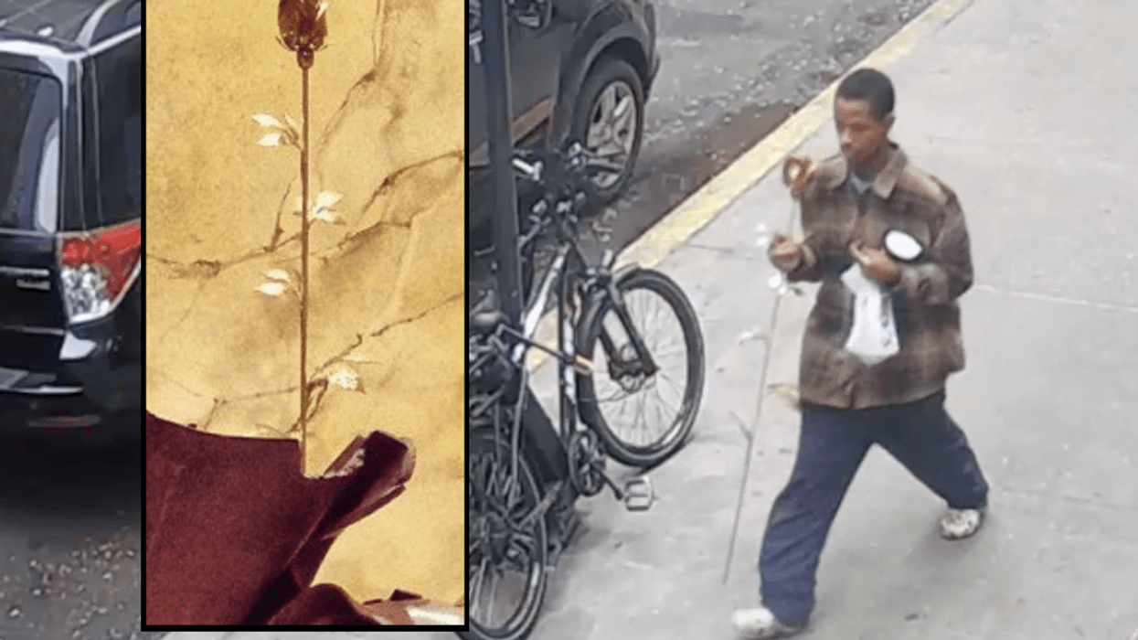 Video shows the suspect walking down a street with the gold-plated rose after it was stolen from St. Francis of Assisi Church on Wednesday afternoon, police said