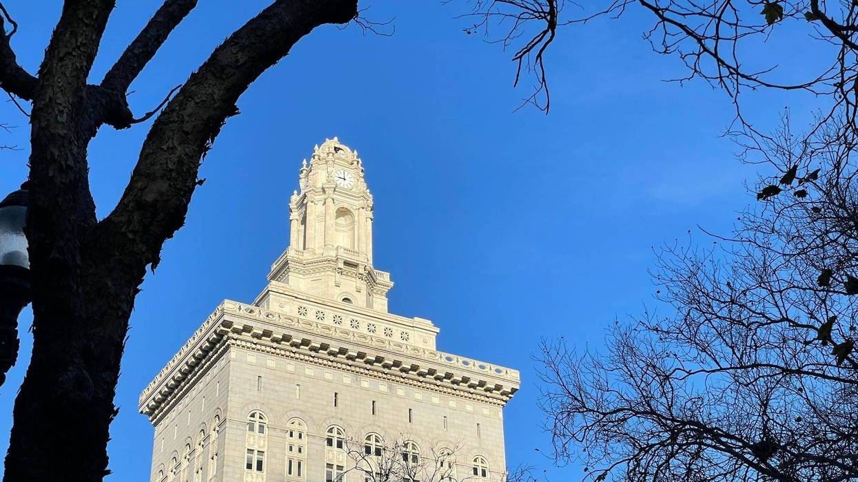 View of Oakland City Hall from 14th Street on a sunny winter day.