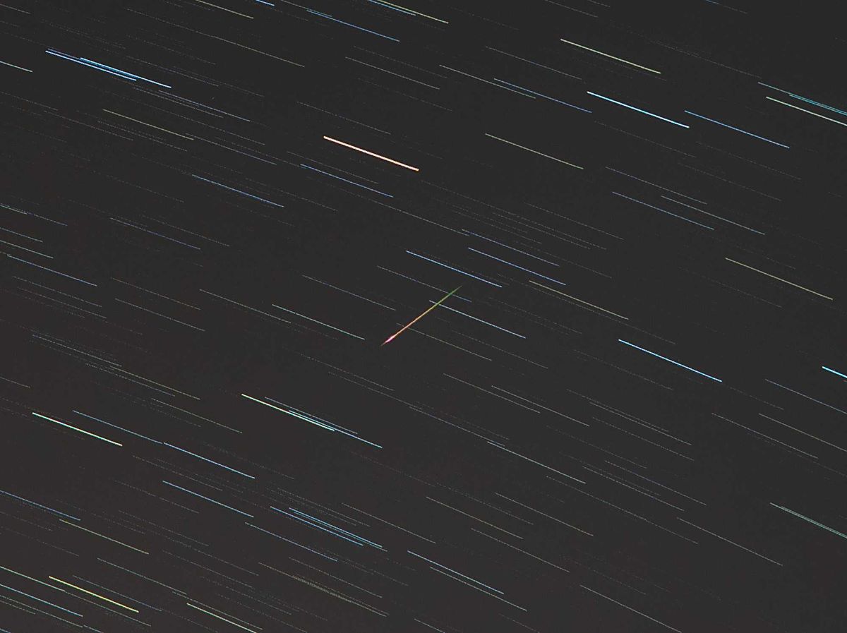 View of star trails and a meteor from the Eta Aquarids meteor shower of 2020 as seen from Cordoba, Argentina at its peak on May 6th.