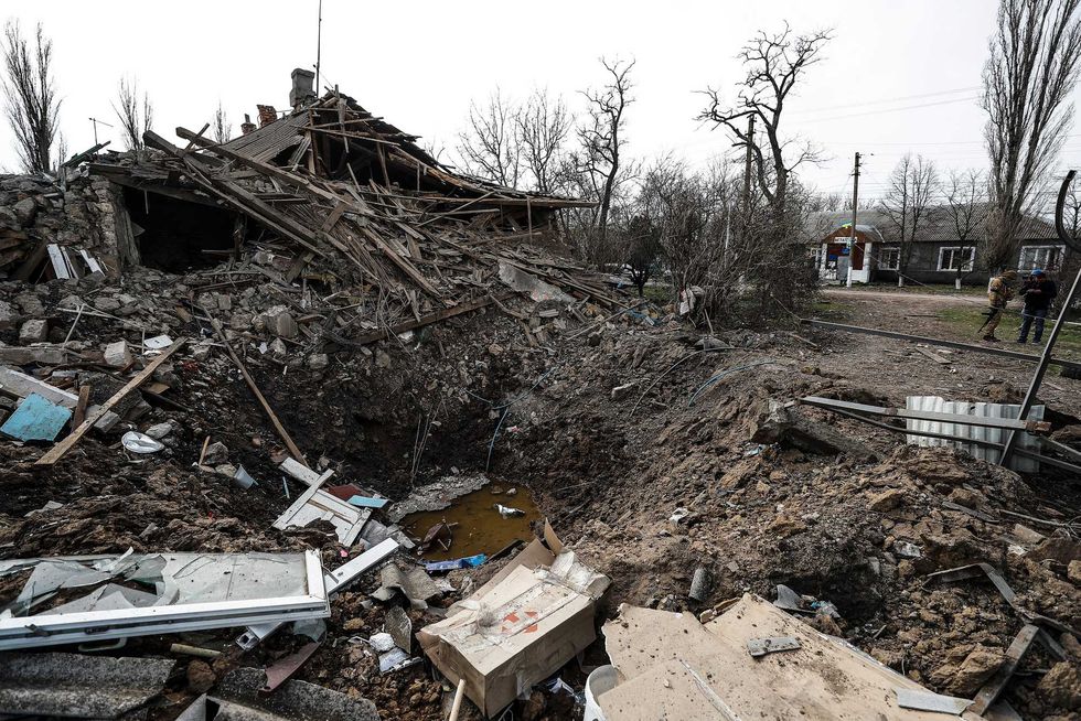 View of the debris after a heavy attack over Shevchenkove, about 10 km from Mykolaiv, Ukraine, on March 31, 2022