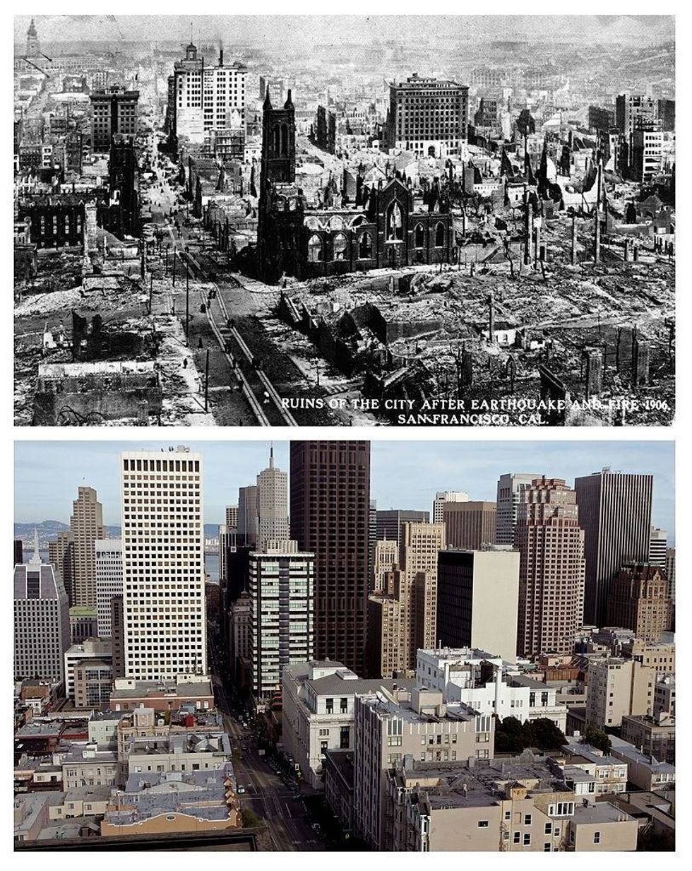 View of the destruction and rubble looking east down California Street from Powell after the 1906 San Francisco earthquake and subsequent fires, May 19, 1906 in San Francisco, California. A view looking down California Street at Powell from the Fairmont Hotel March 23, 2006 in San Francisco.