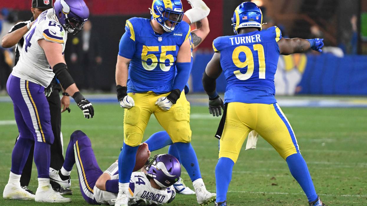Viking QB Sam Darnold, where he spent most of Monday night during the playoff game against the LA Rams: on his back.