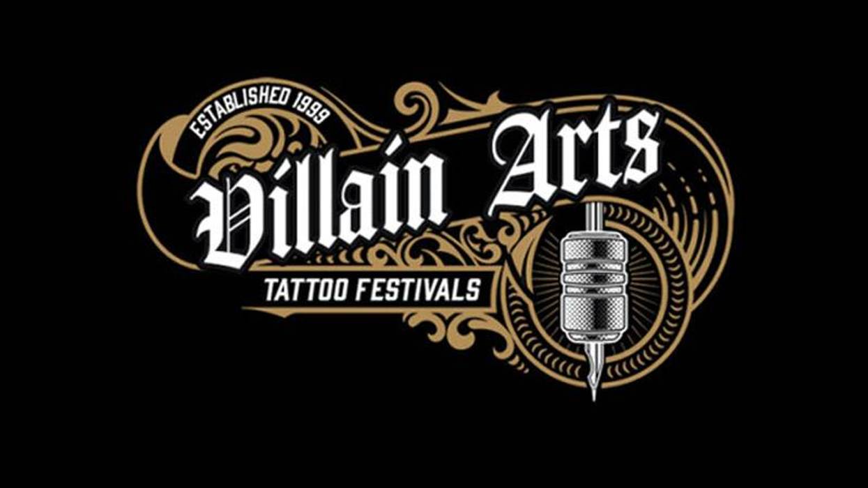 Villain Arts Tattoo Festivals logo in black and gold, with Gothic text, 'Established 1999', and a tattoo machine.