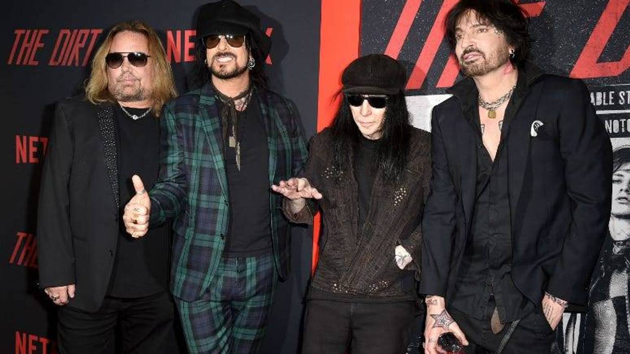 Vince Neil, Nikki Sixx, Mick Mars and Tommy Lee of Motley Crue arrive at the premiere of Netflix's "The Dirt"