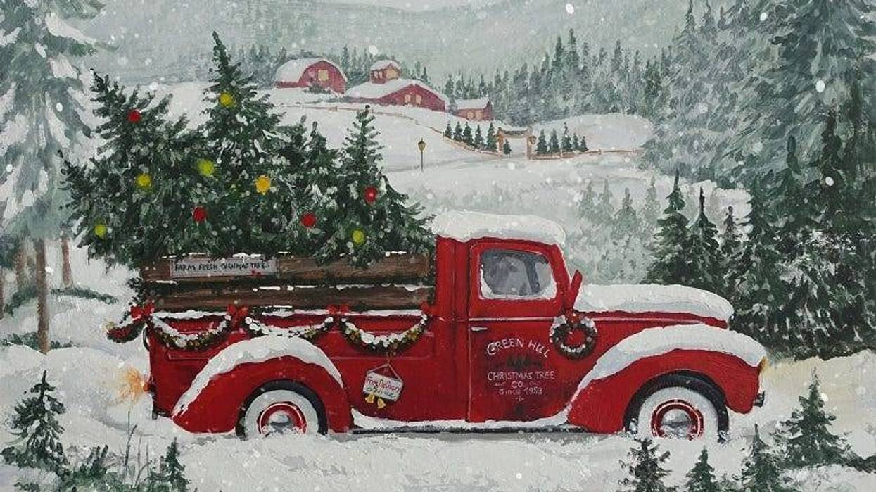 vintage truck with Christmas trees