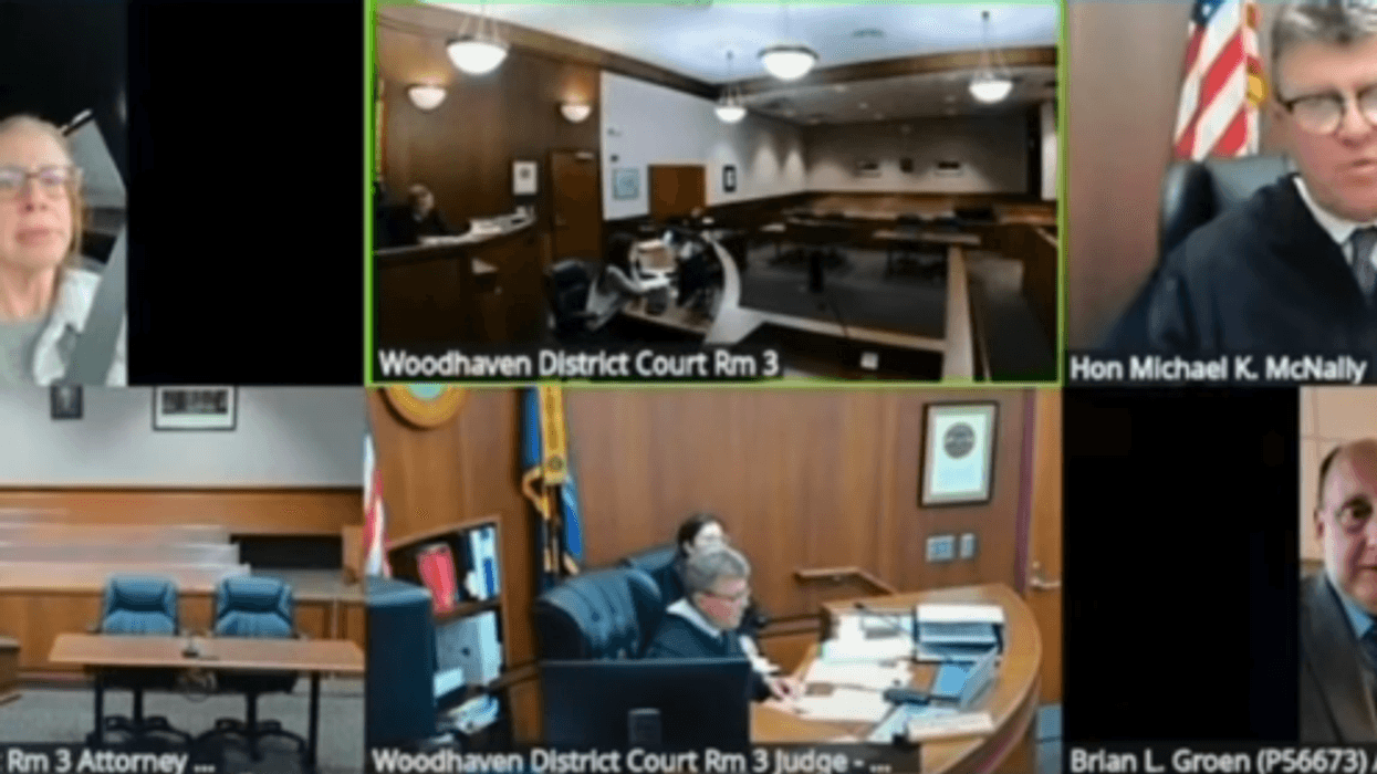 Virtual court hearing on split screen, showing judge, attorney, defendant, and courtrooms.