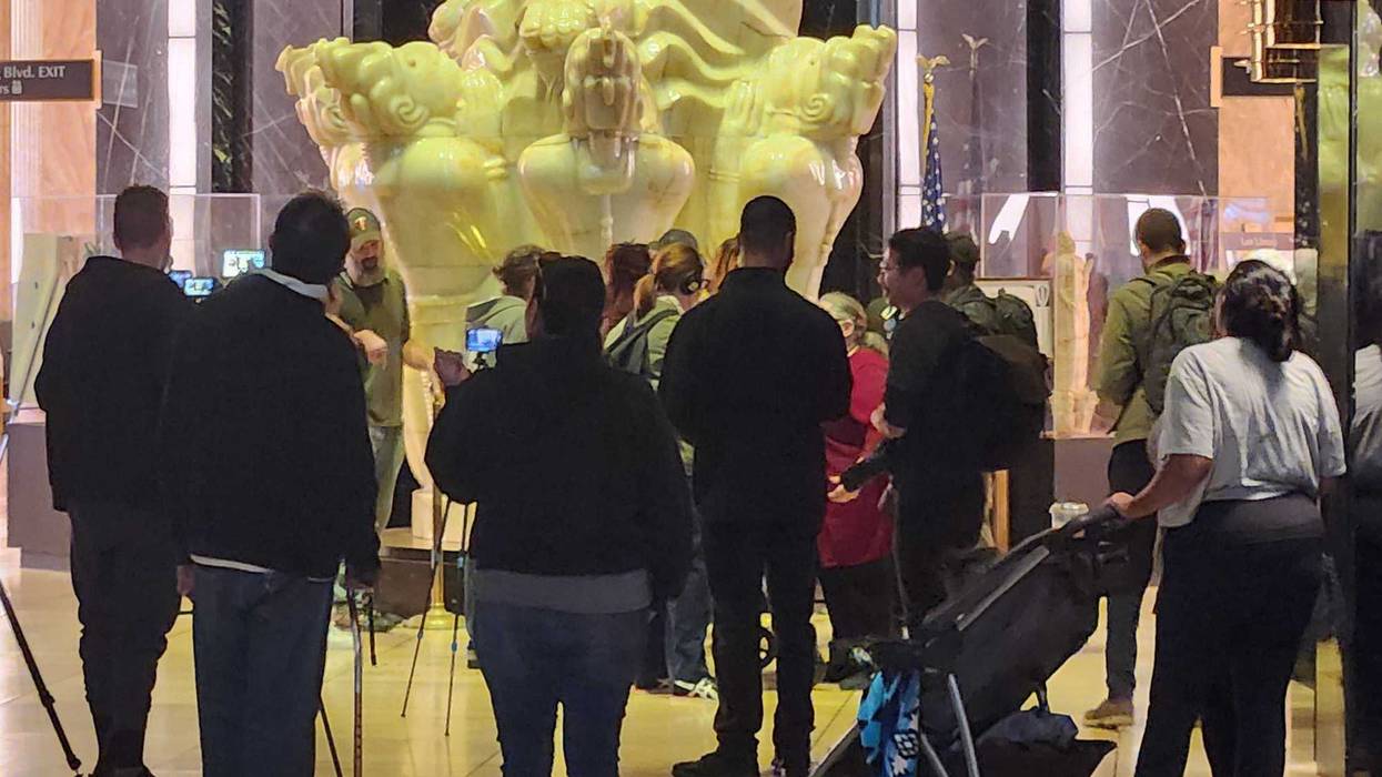 Vision of Peace statue where representatives of police accountability organizations met Tuesday in St. Paul City Hall to demand the release of footage in Monday's police shooting.