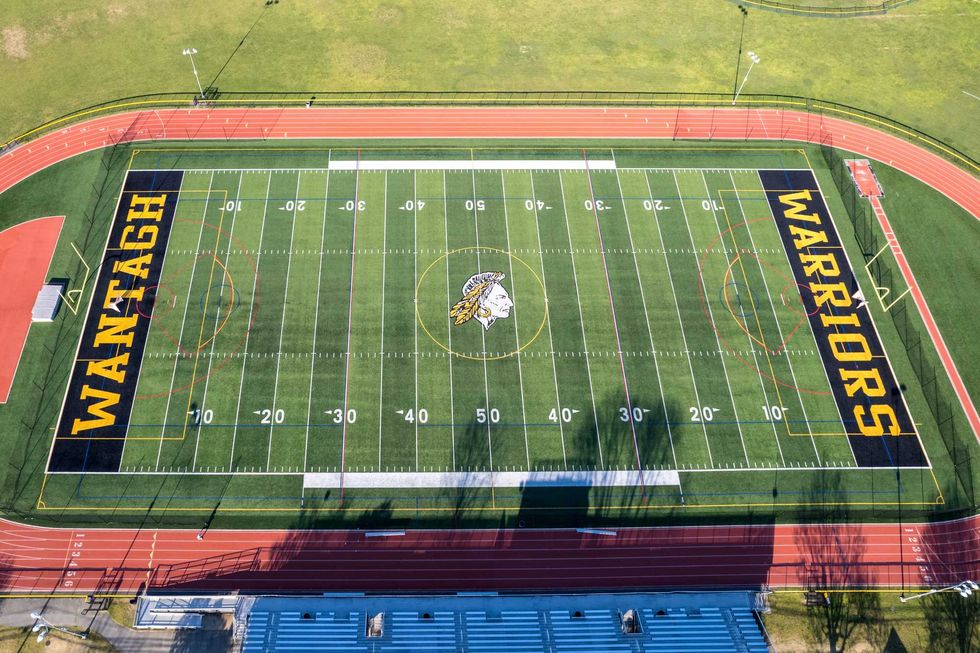 Wantagh High School Warrior logo on the football field on April 9, 2023 in Wantagh